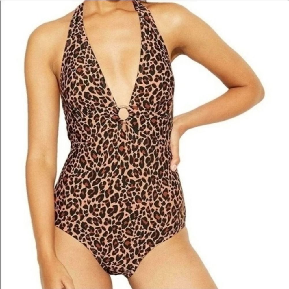 New Women’s XS (0-2) Animal Print Leopard One-Piece Halter Swimsuit by Kona Sol